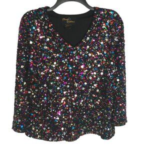 Bling Classic Creations Blouse Womens 1X Black Multicolor Sequin V Neck Party